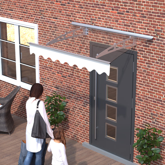 Modern clear acrylic door awning with white scalloped valance and metal brackets