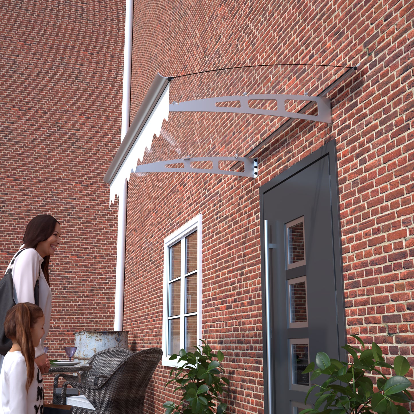 Modern clear polycarbonate door canopy with metal brackets