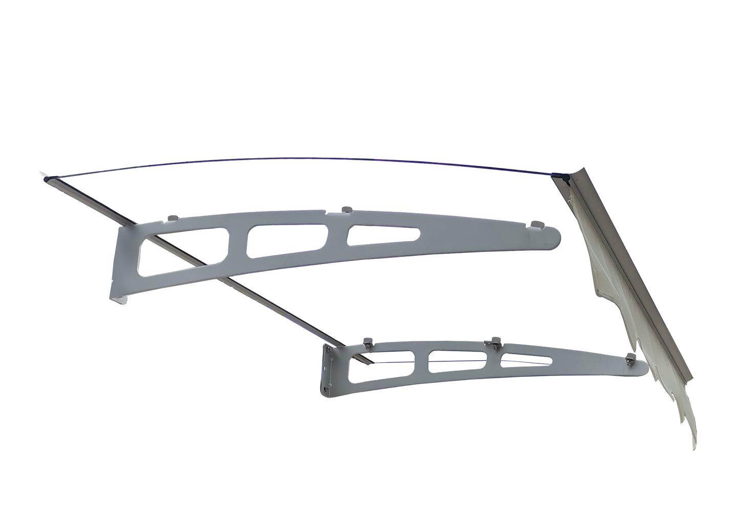 Gray metal awning bracket assembly with support arms and tension wire