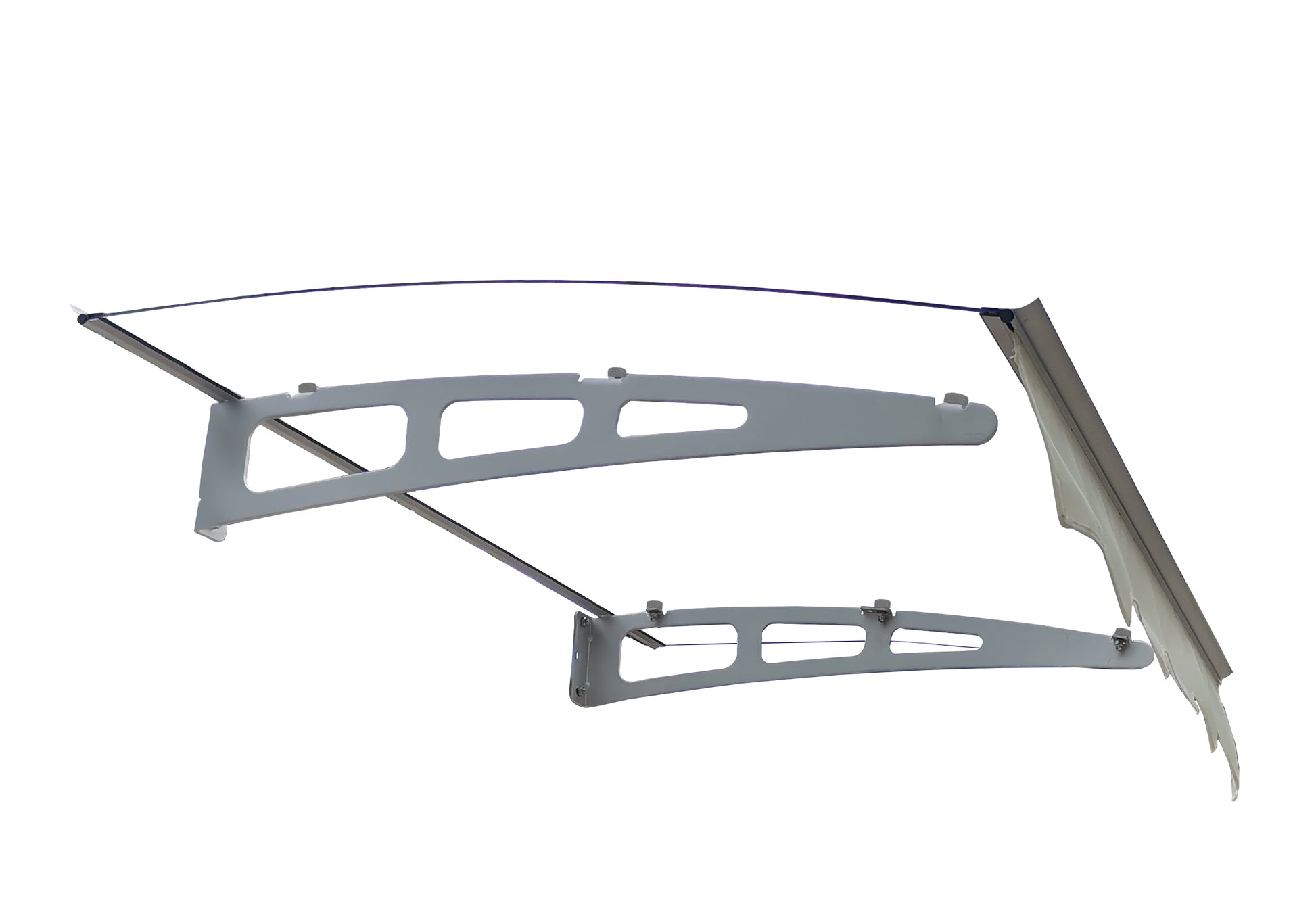 Gray metal awning bracket assembly with support arms and tension wire