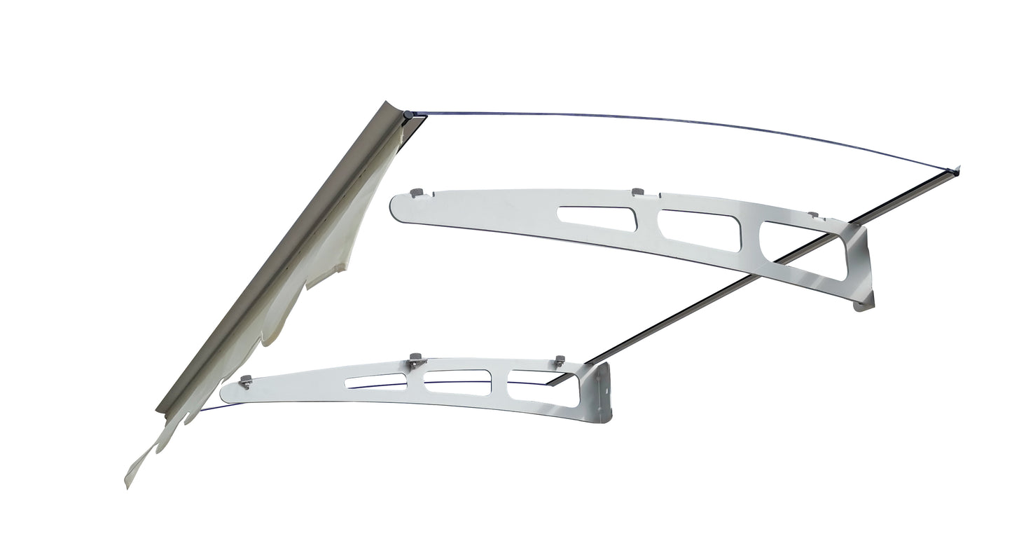 Modern white awning frame with sleek metal brackets
