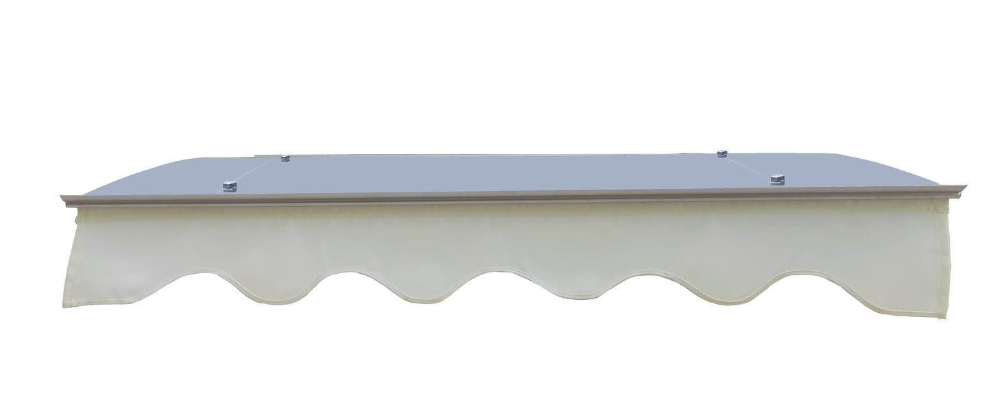 Light gray awning canopy with scalloped white valance