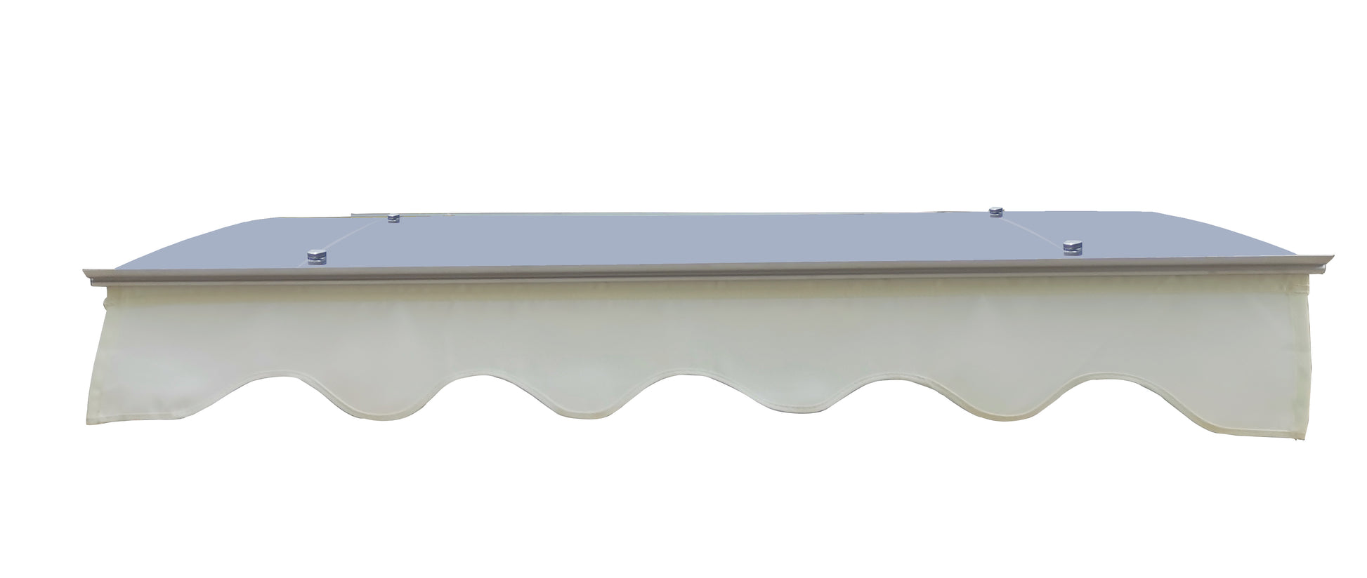 Light gray awning canopy with scalloped white valance