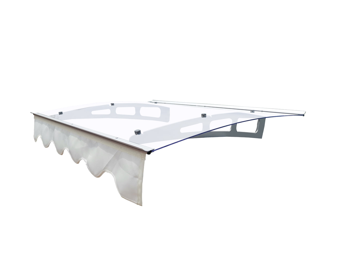 Clear acrylic awning with white scalloped valance and silver hardware