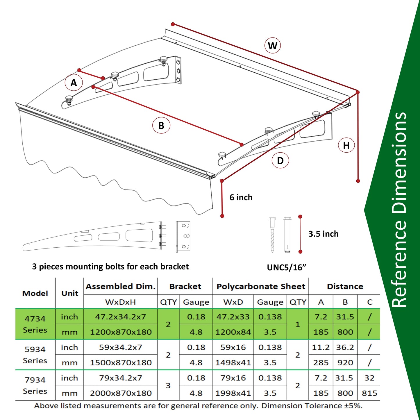 Diagram showing parts and dimensions for polycarbonate awning brackets