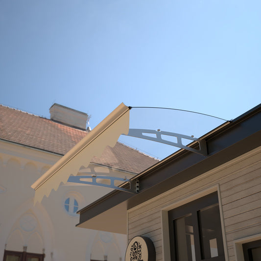 Modern beige awning with clear polycarbonate canopy and silver brackets