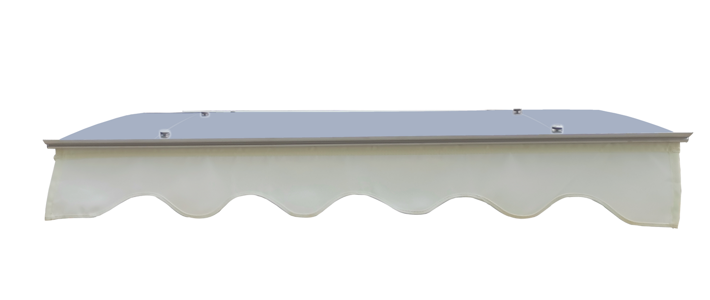 Cream scalloped awning fabric with aluminum support bar