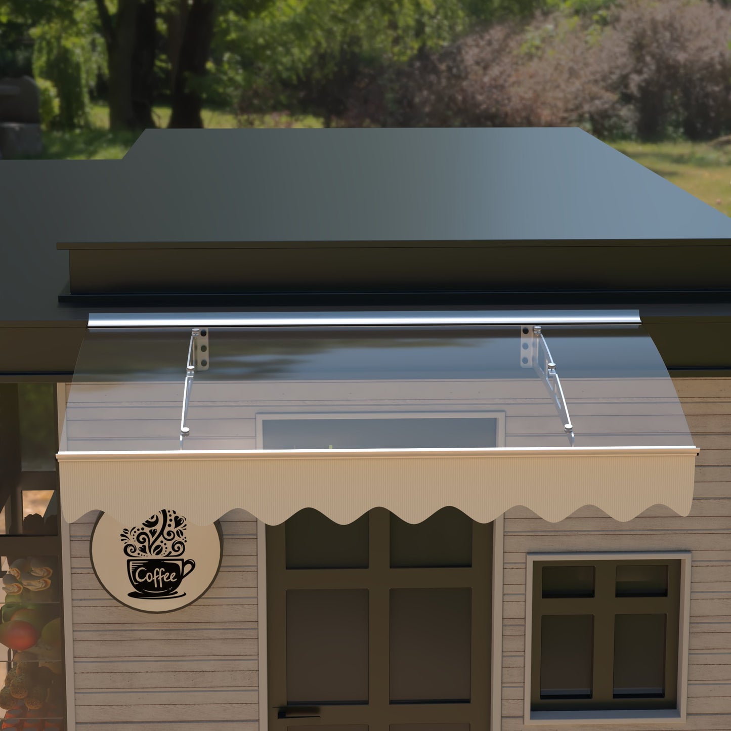Modern clear polycarbonate door awning with brushed aluminum brackets