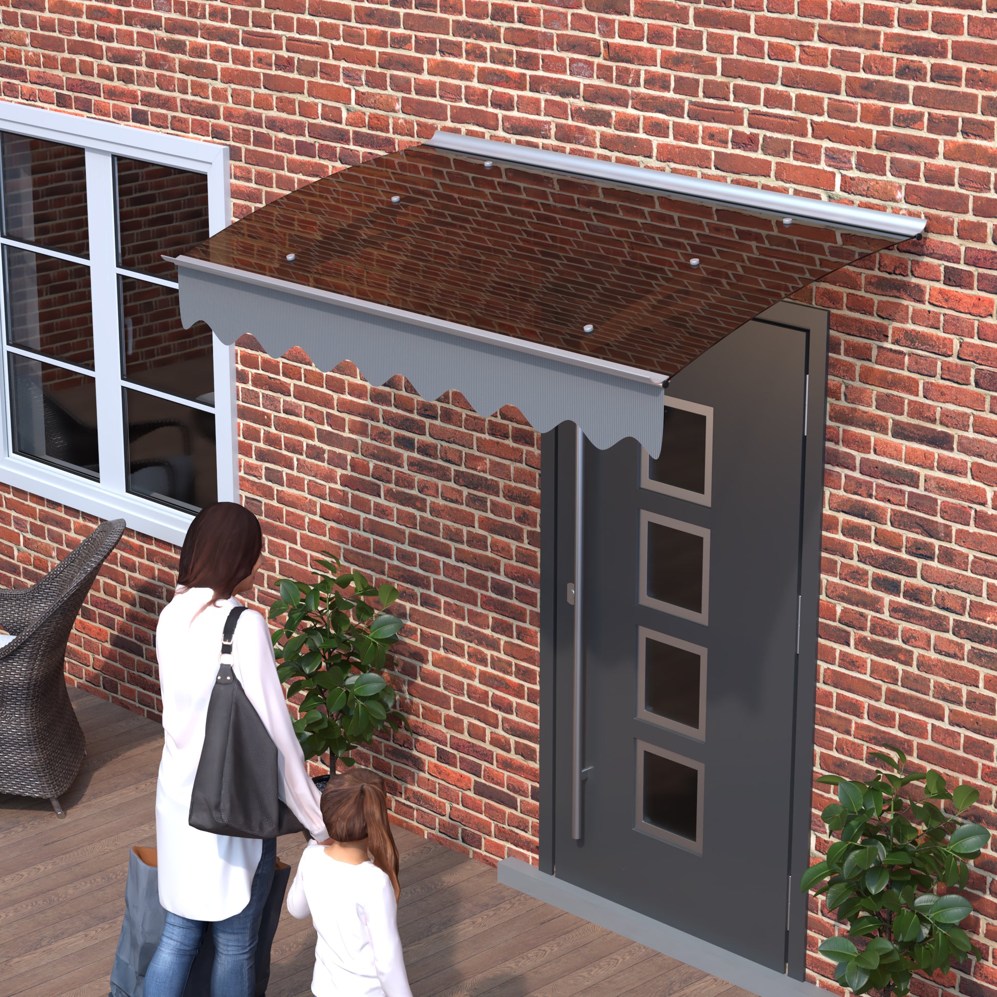Modern glass door awning with scalloped valance