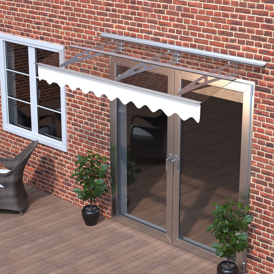 Glass door canopy with white retractable awning providing shade over a patio