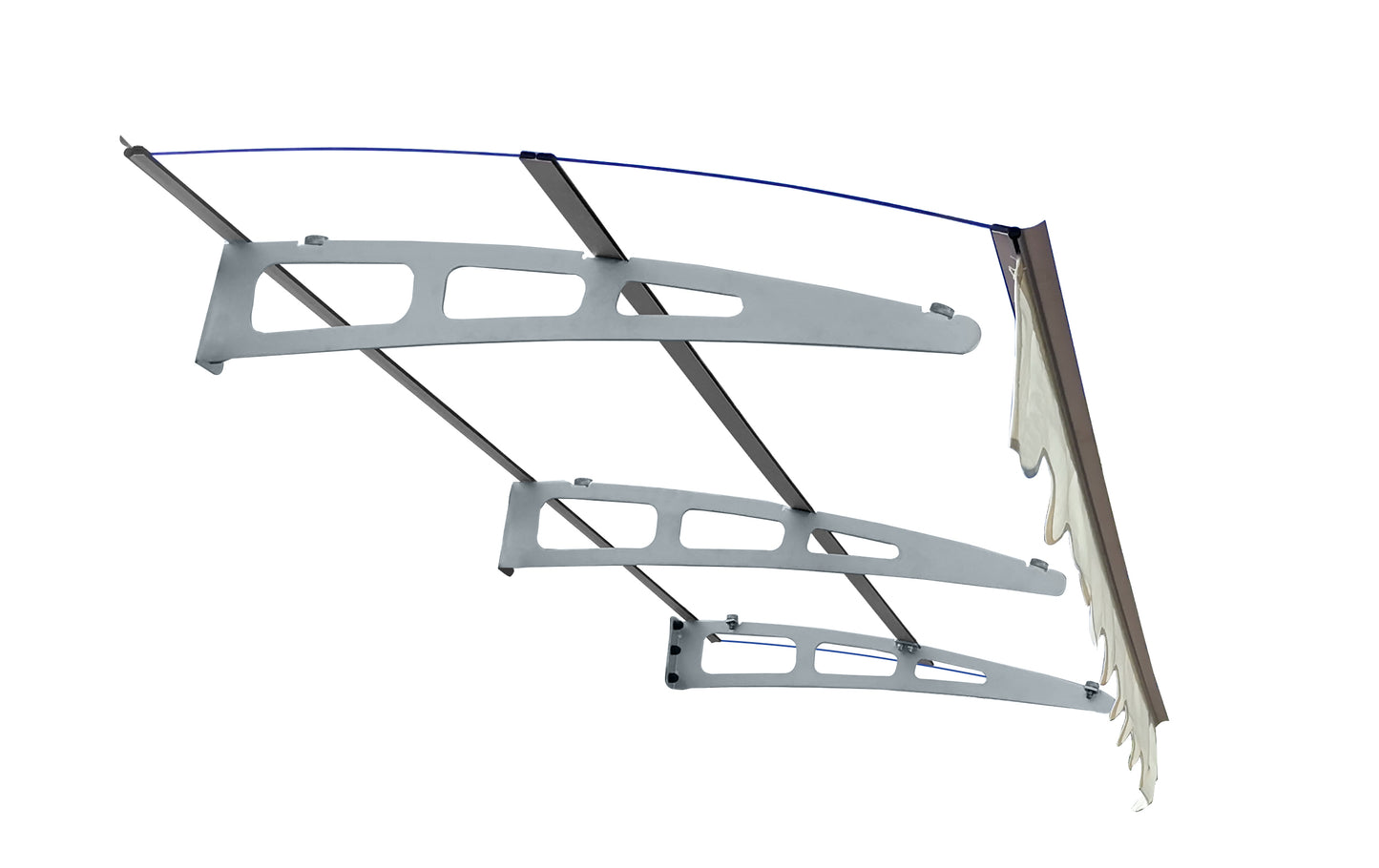 Modern gray metal awning bracket system with integrated tension wires