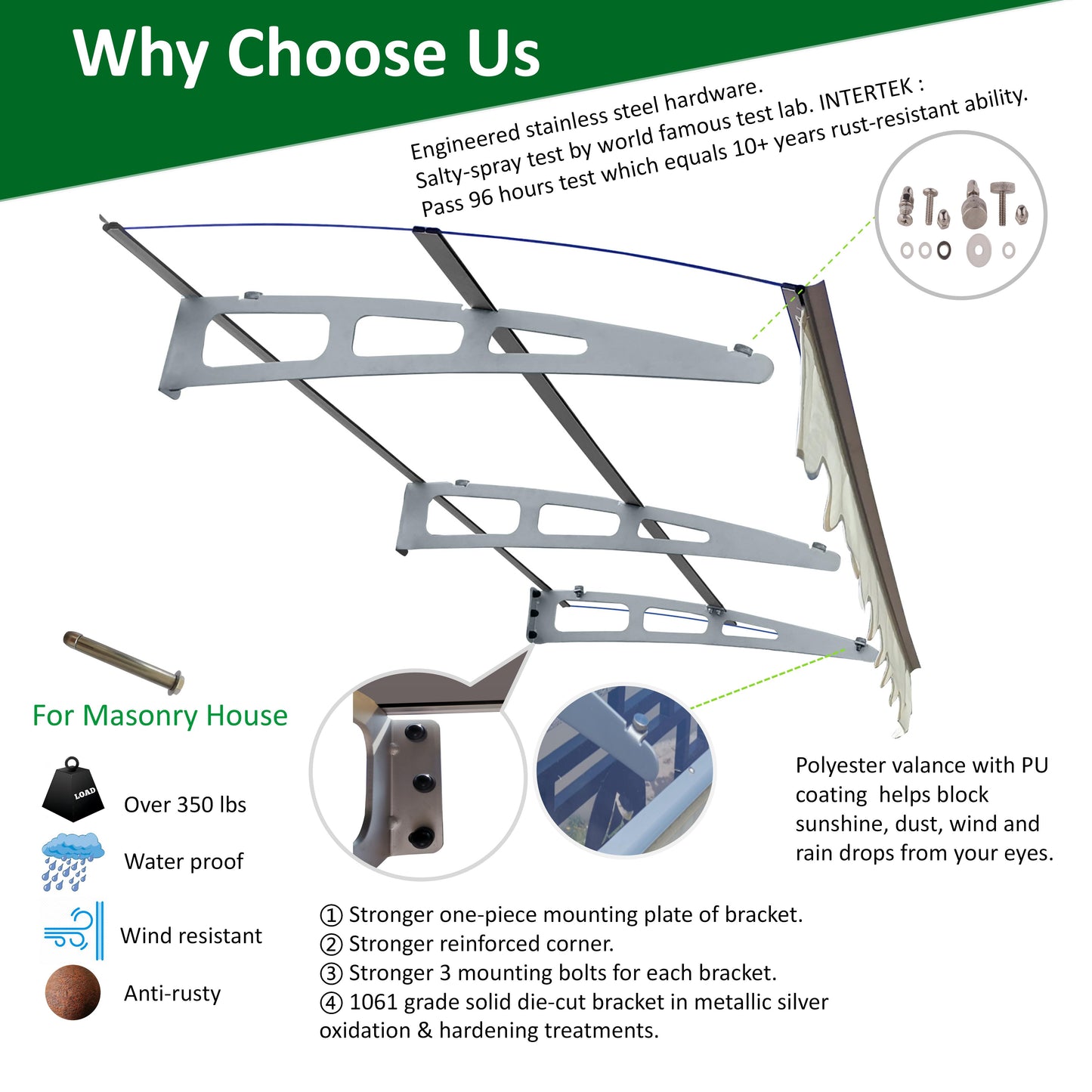 Silver awning bracket system for masonry houses