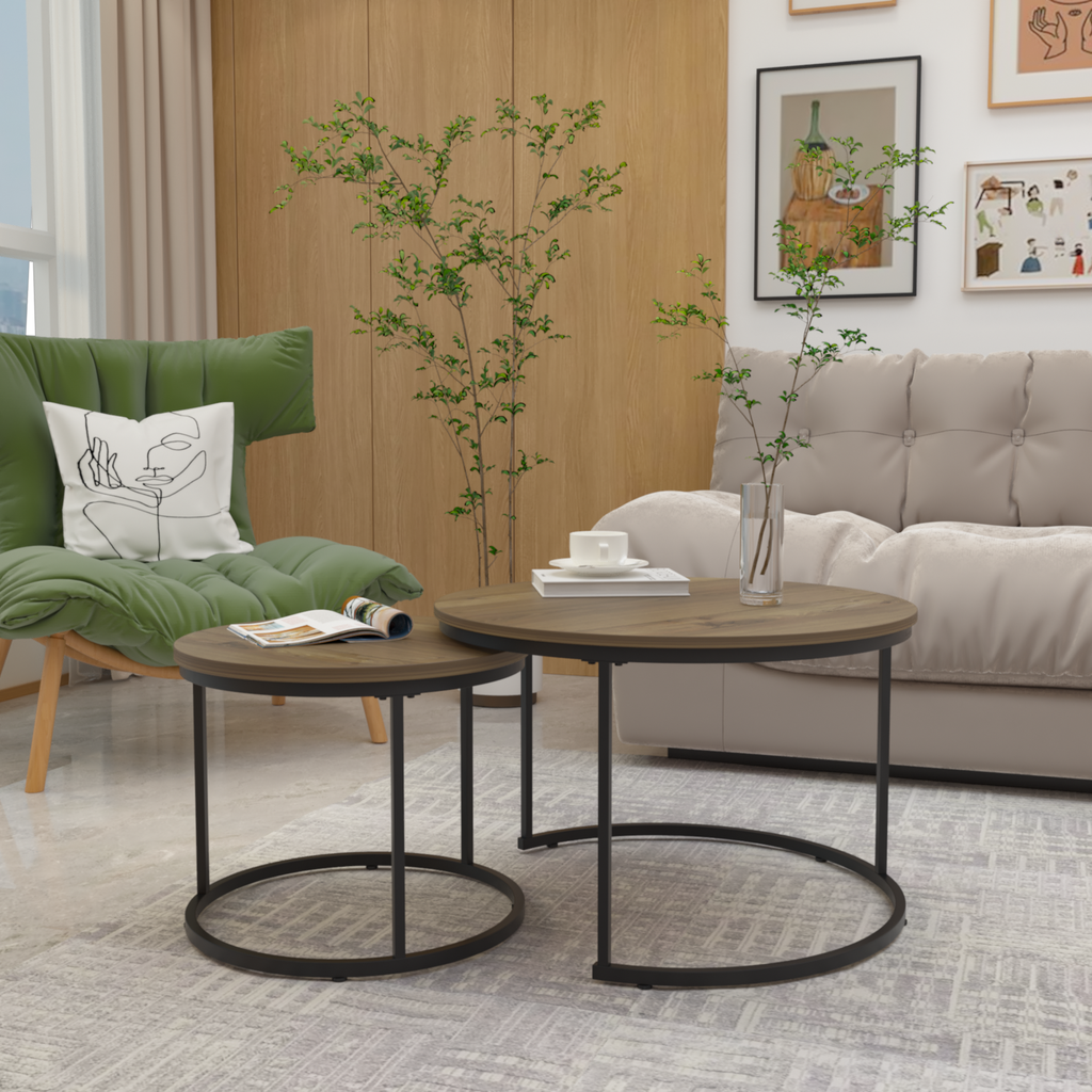 Round nesting coffee tables with rustic wood tops and black metal legs