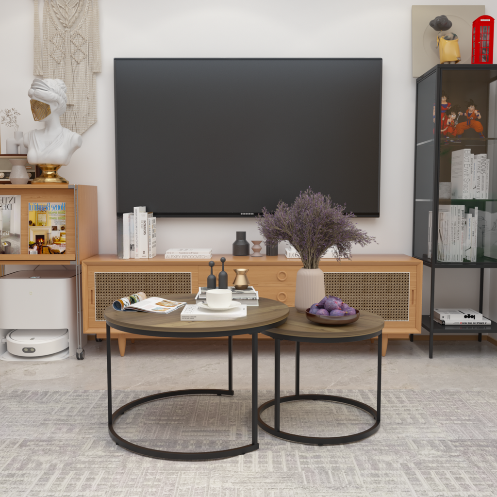 Round Nesting Coffee Tables with Oak Finish and Black Metal Legs