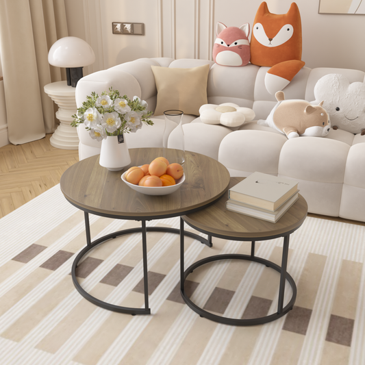 Round nesting coffee tables with rustic wood tops and black metal legs
