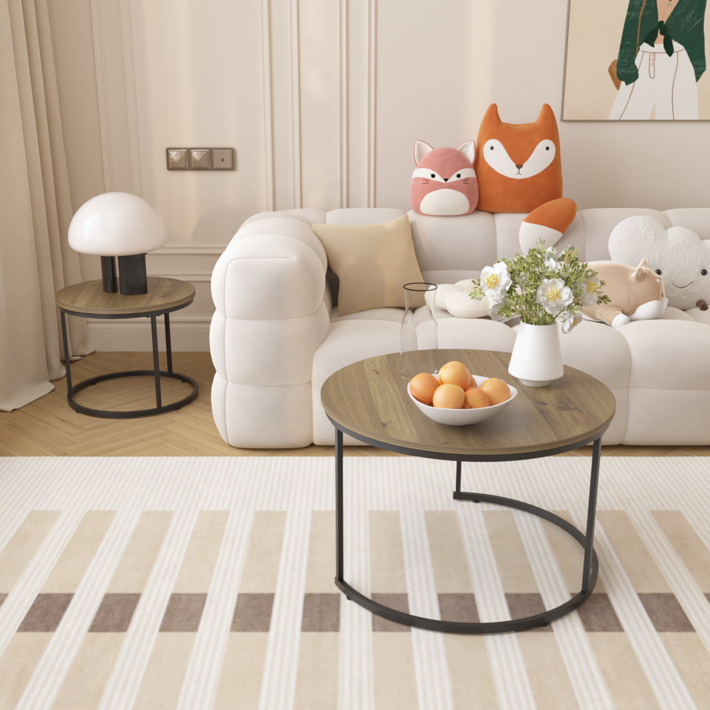 Round wooden coffee table with metal legs holding oranges and flowers