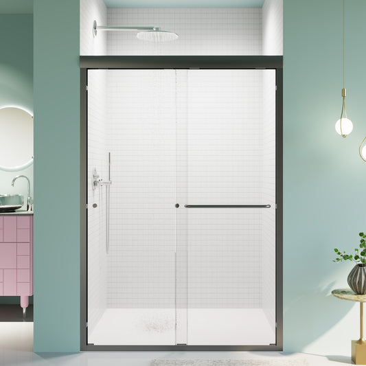 Modern frameless glass shower door with brushed nickel handle