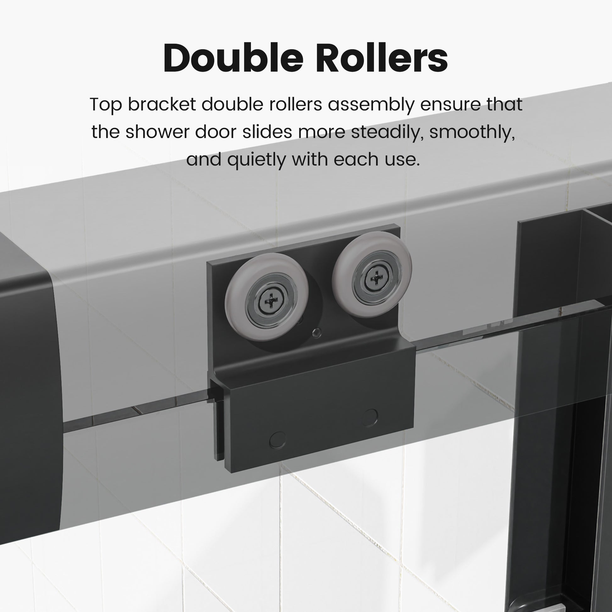 Black metal bracket with two white shower door rollers