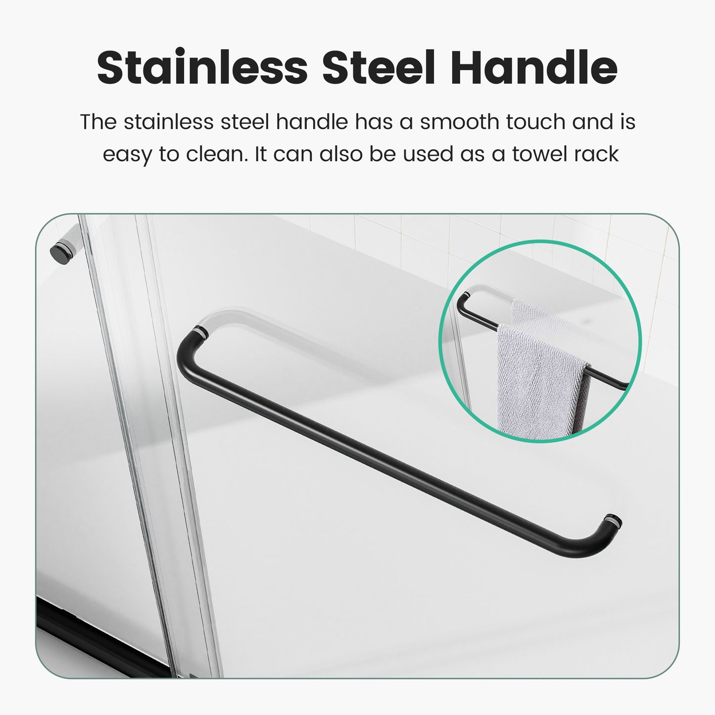 Black stainless steel shower door handle with towel rack functionality