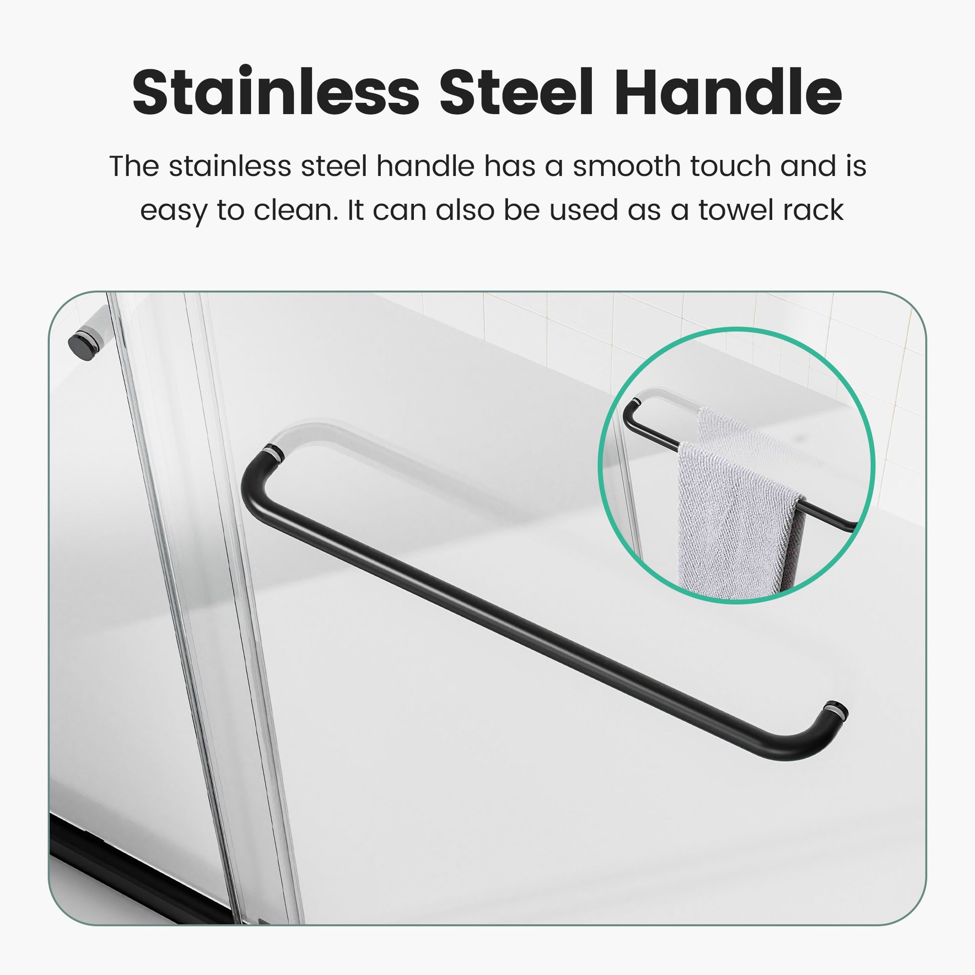 Black stainless steel shower door handle with towel rack functionality