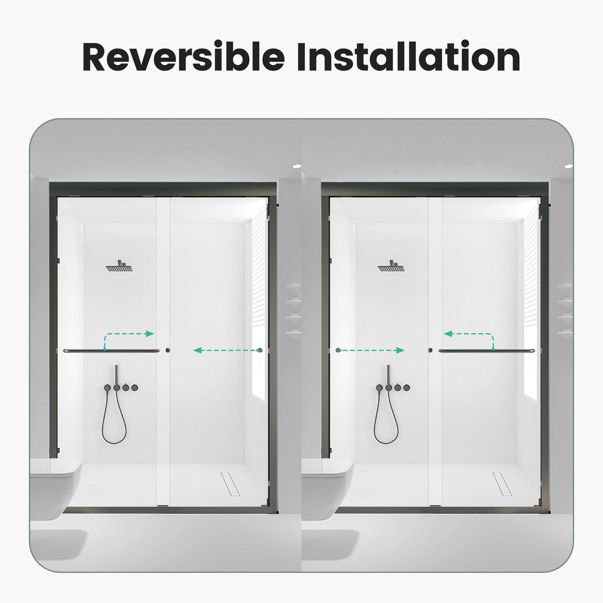 Modern frameless glass shower enclosure with reversible installation