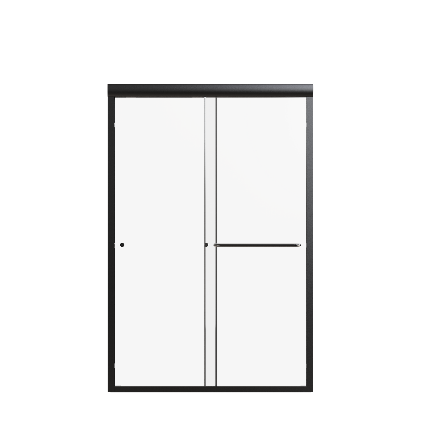Modern black frame sliding shower door with clear glass panels