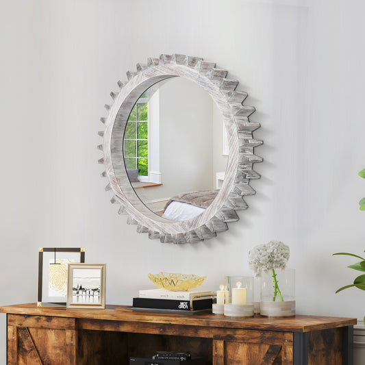 Rustic sunburst wall mirror with distressed white wood frame