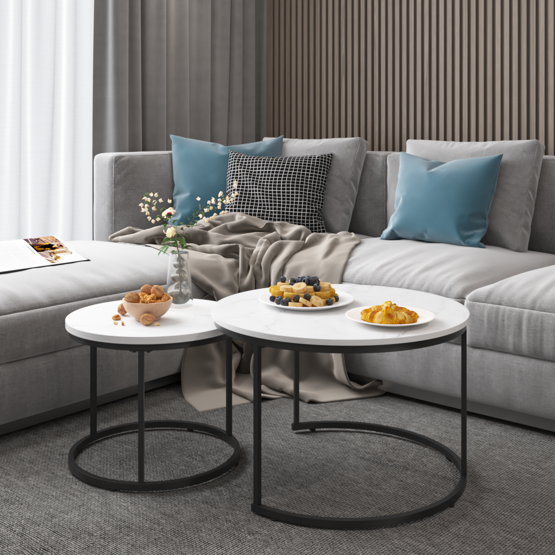 Modern white nesting coffee tables with marblelook tops and black metal frames