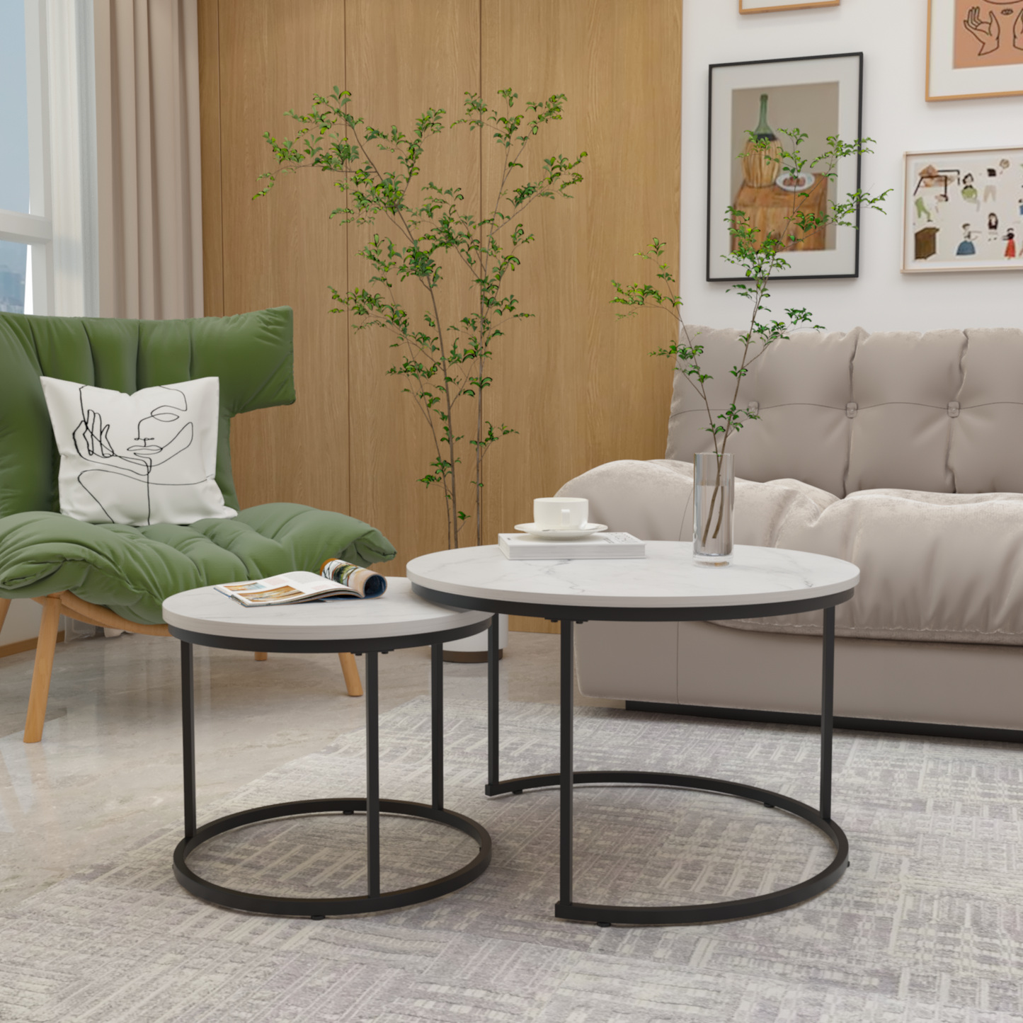 Round marble top coffee table with black metal base