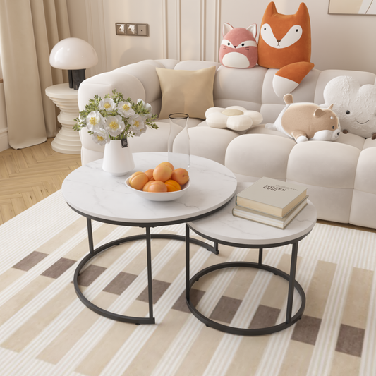 Modern nesting coffee tables with marbleeffect tops and black metal frames