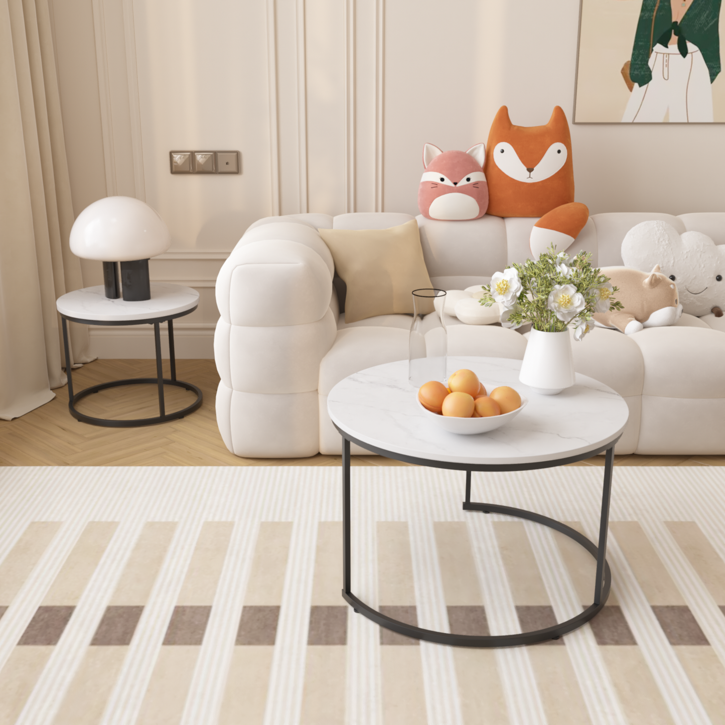 White mushroom lamp with black base on marble side table
