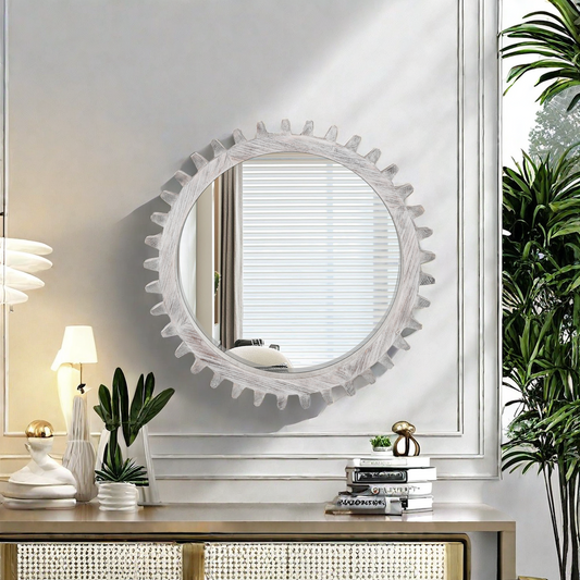 Round distressed wood mirror with gearshaped frame