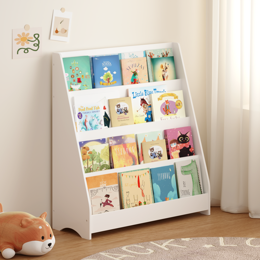 White toddler bookshelf filled with colorful childrens books