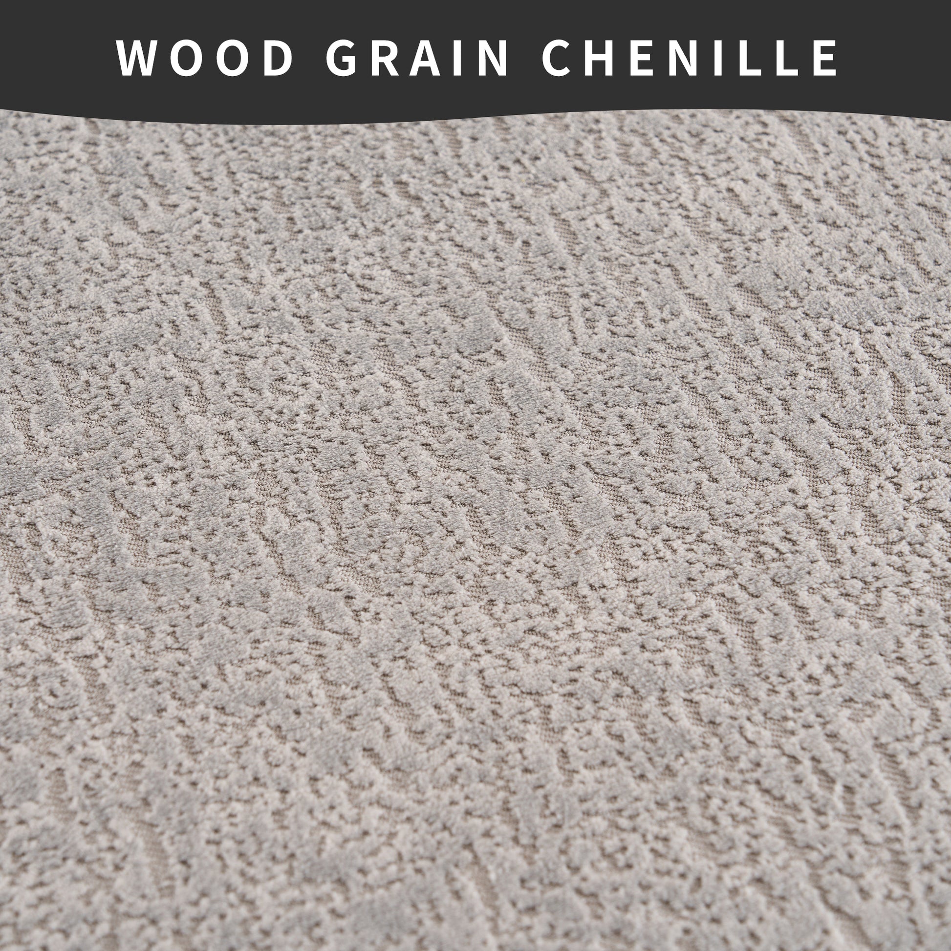 Closeup of light grey wood grain chenille fabric texture