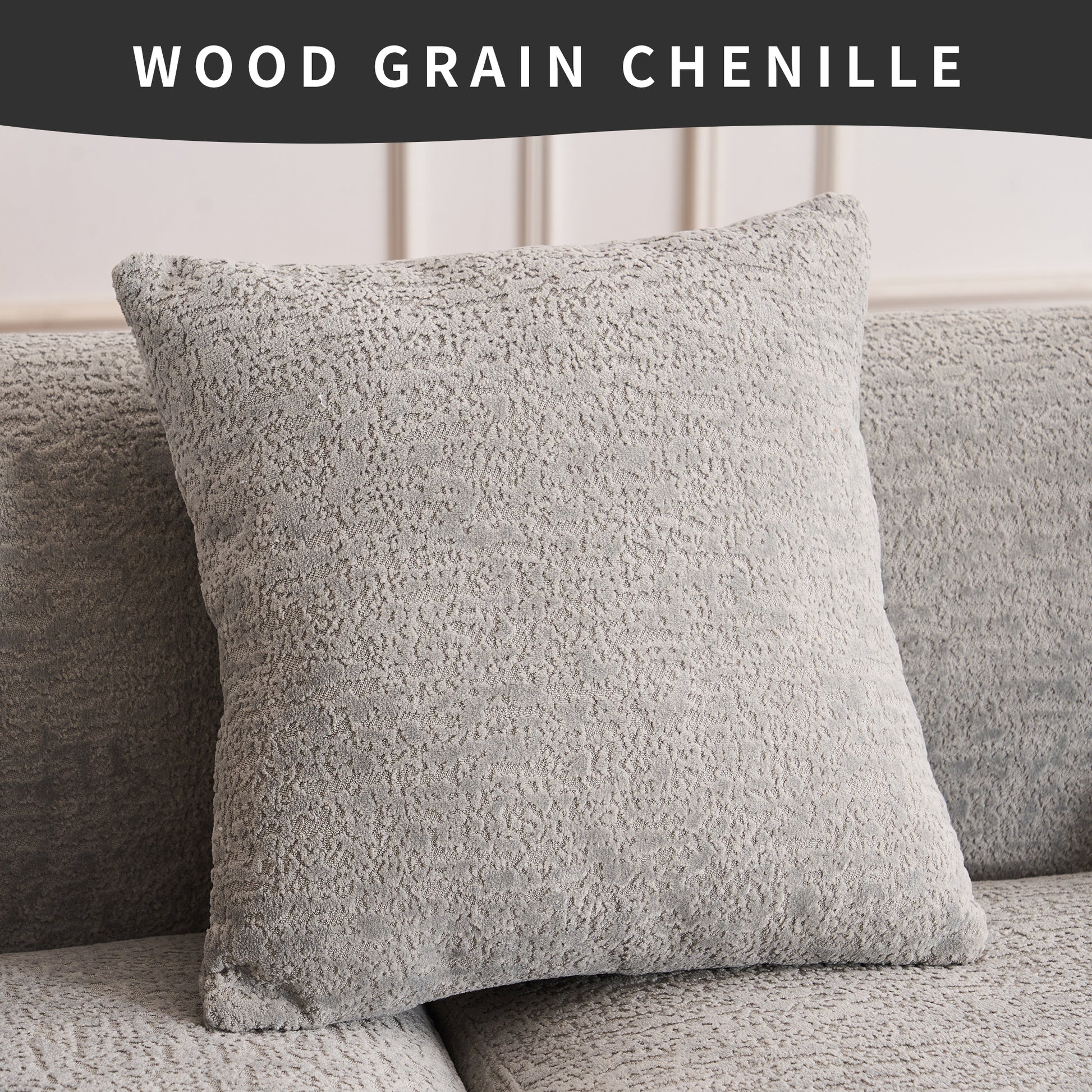Closeup of a textured grey chenille throw pillow with a wood grain pattern