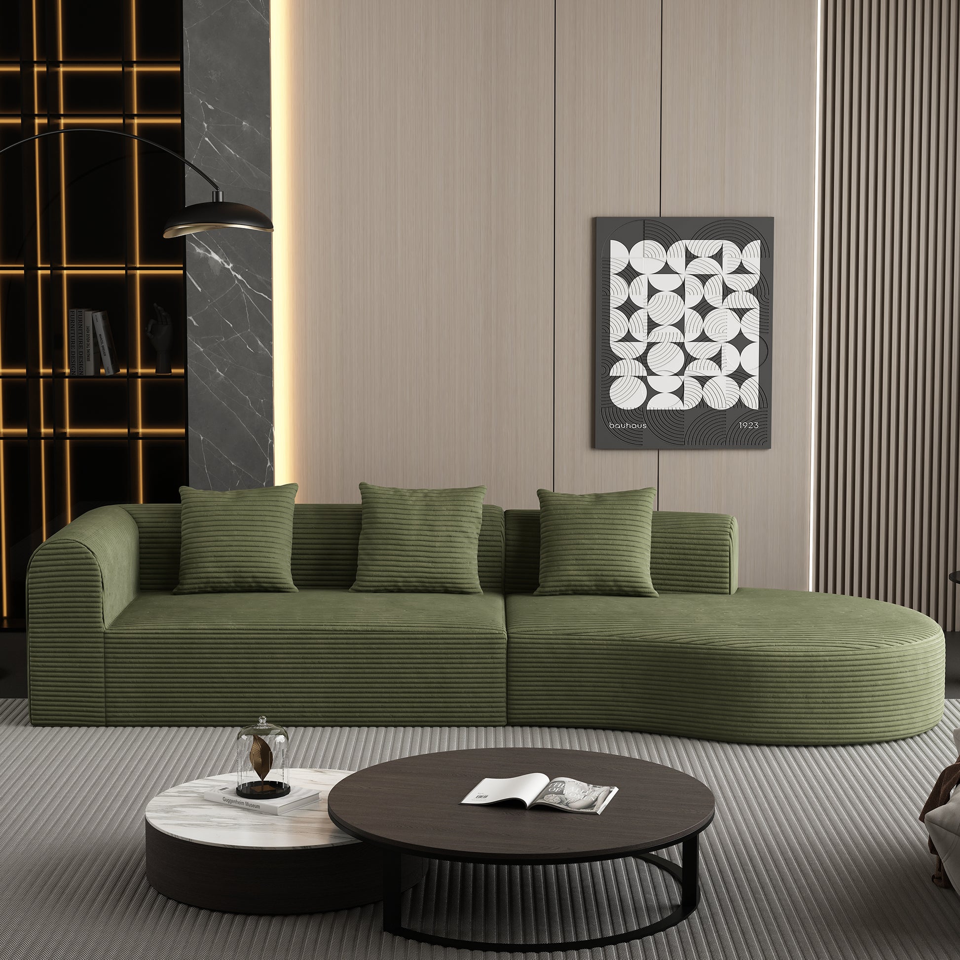 Green corduroy sectional sofa with modern design