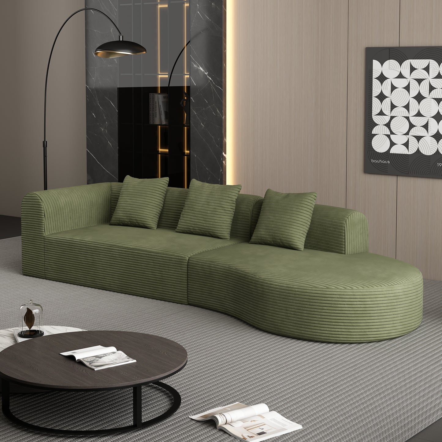 Sage green corduroy sectional sofa with curved design