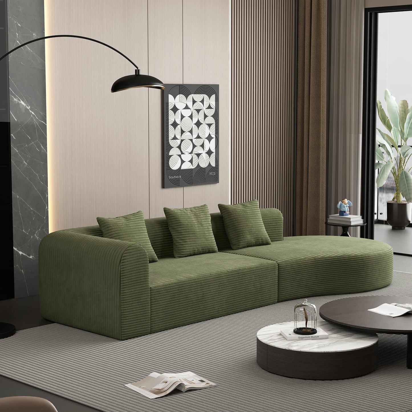 Green corduroy sectional sofa with plush cushions in a modern living room
