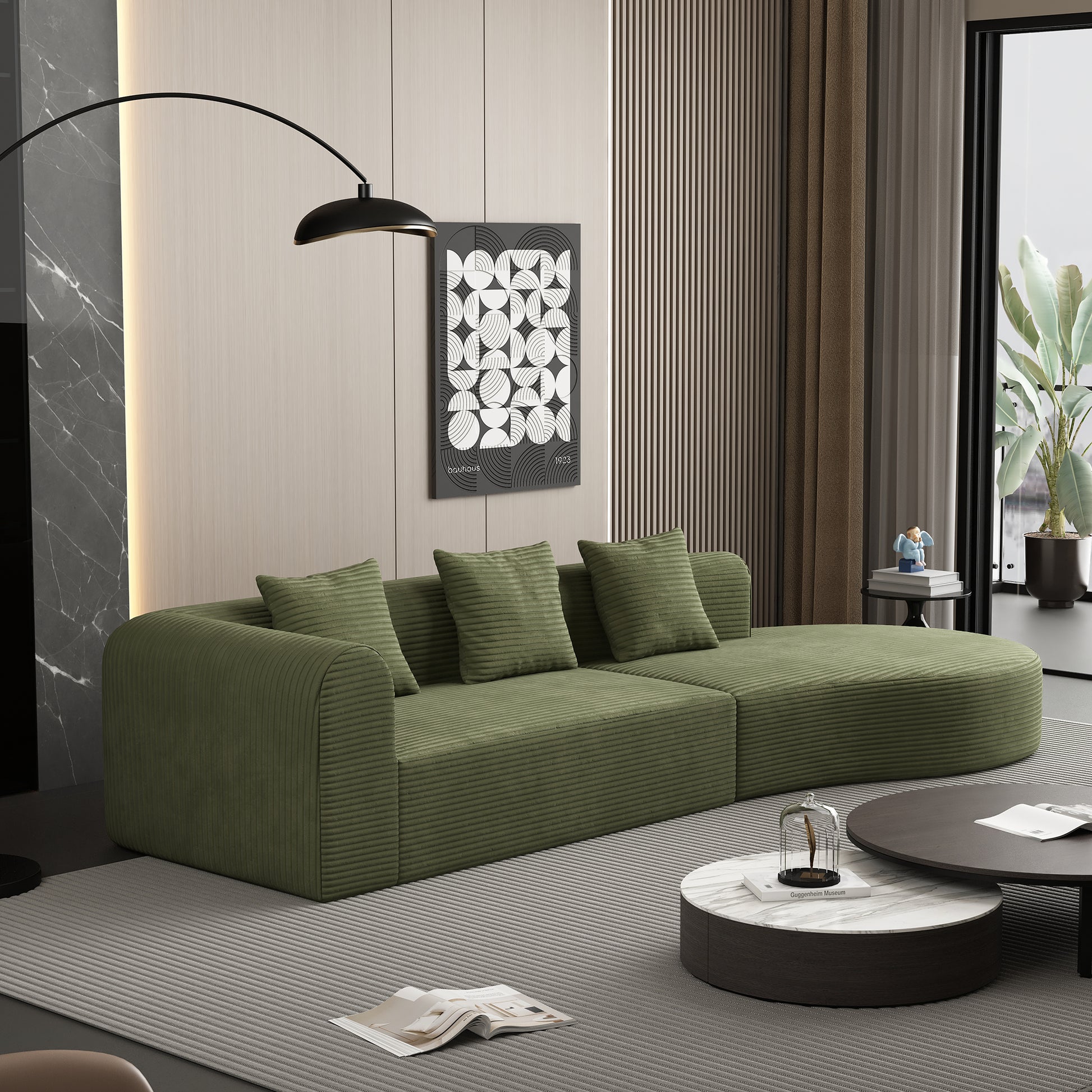 Green corduroy sectional sofa with plush cushions in a modern living room