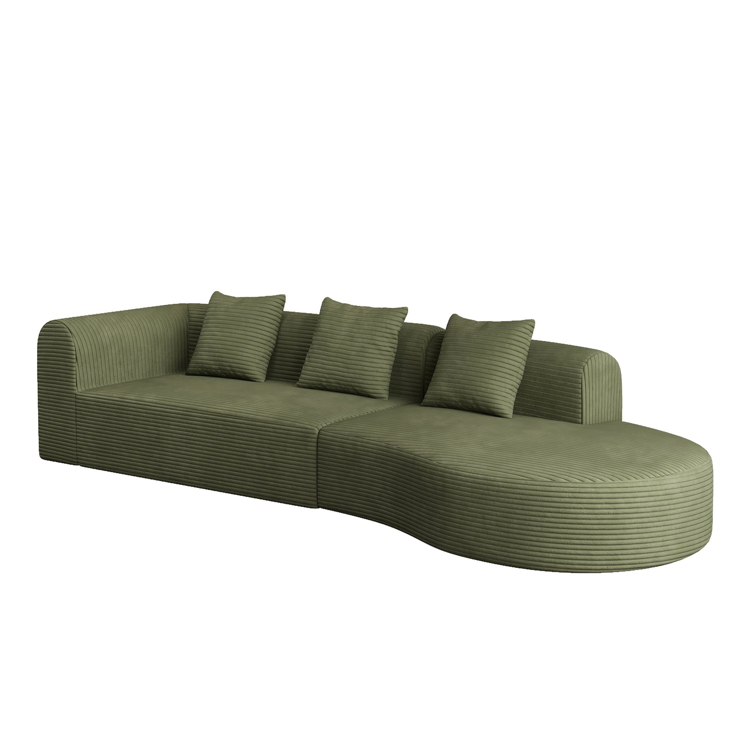 Curved olive green corduroy sofa with four plush cushions
