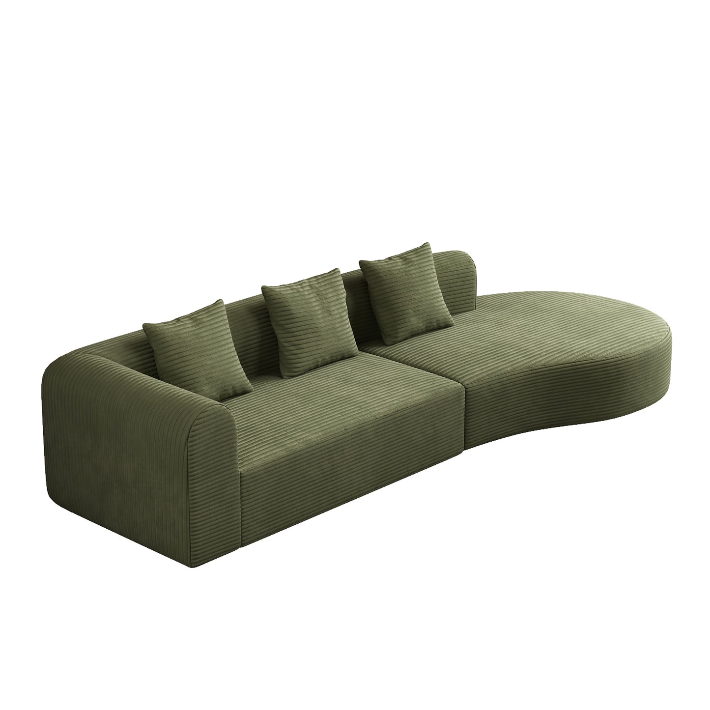 Green corduroy sectional sofa with rounded edges and four matching pillows