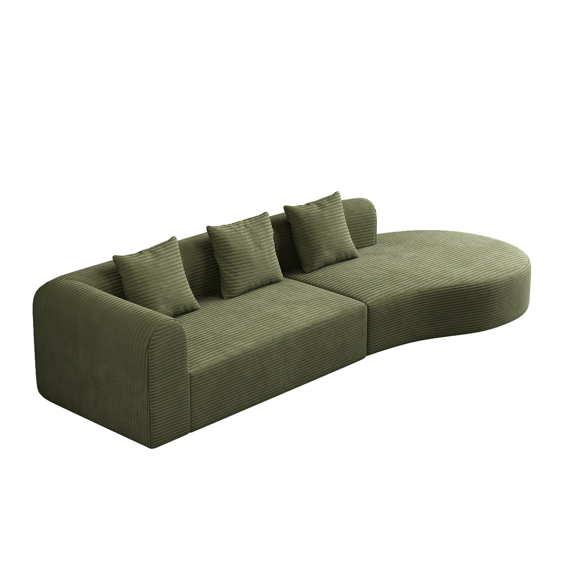 Green corduroy sectional sofa with rounded edges and four matching pillows