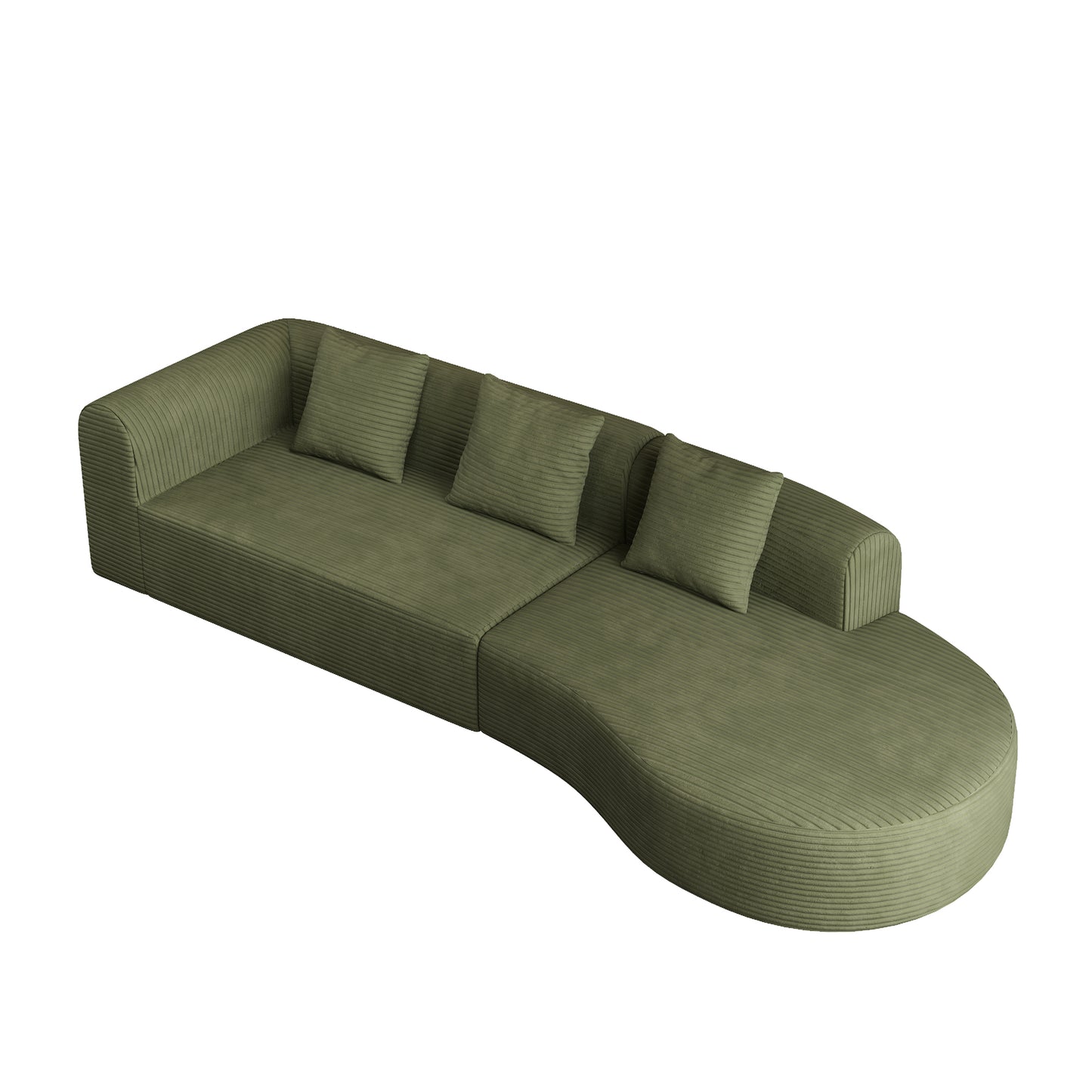 Sage green corduroy sectional sofa with curved chaise lounge