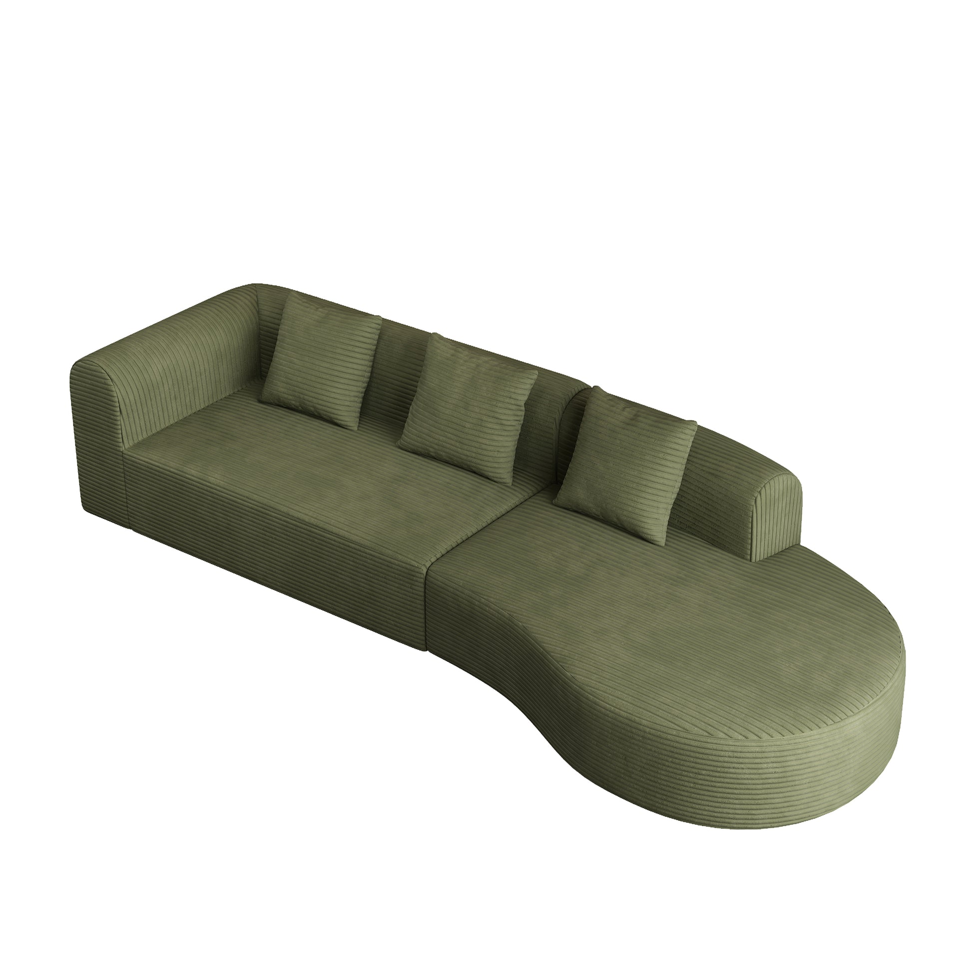 Sage green corduroy sectional sofa with curved chaise lounge