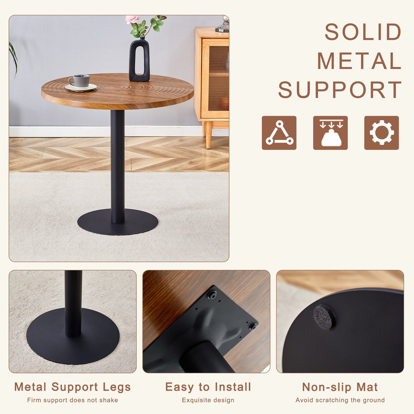 Round woodtop cafe table with black metal pedestal base