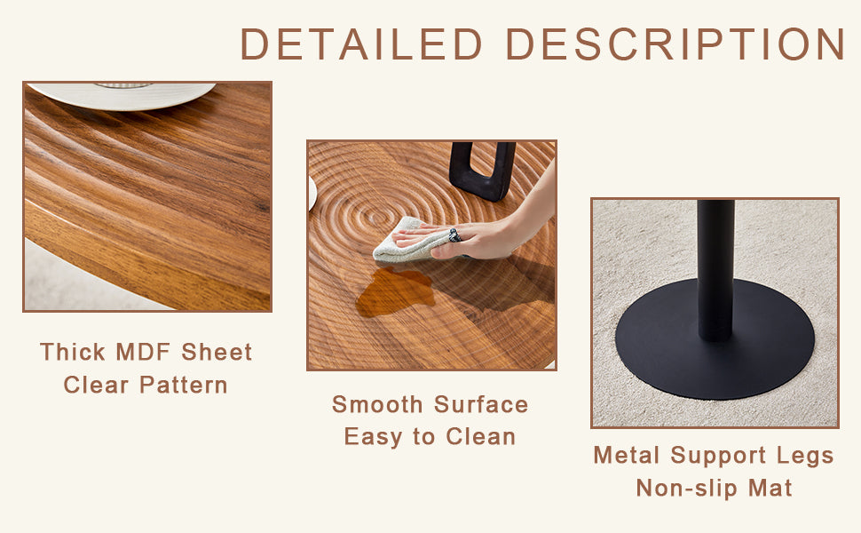 Closeup of round wooden coffee table surface with carved concentric circles
