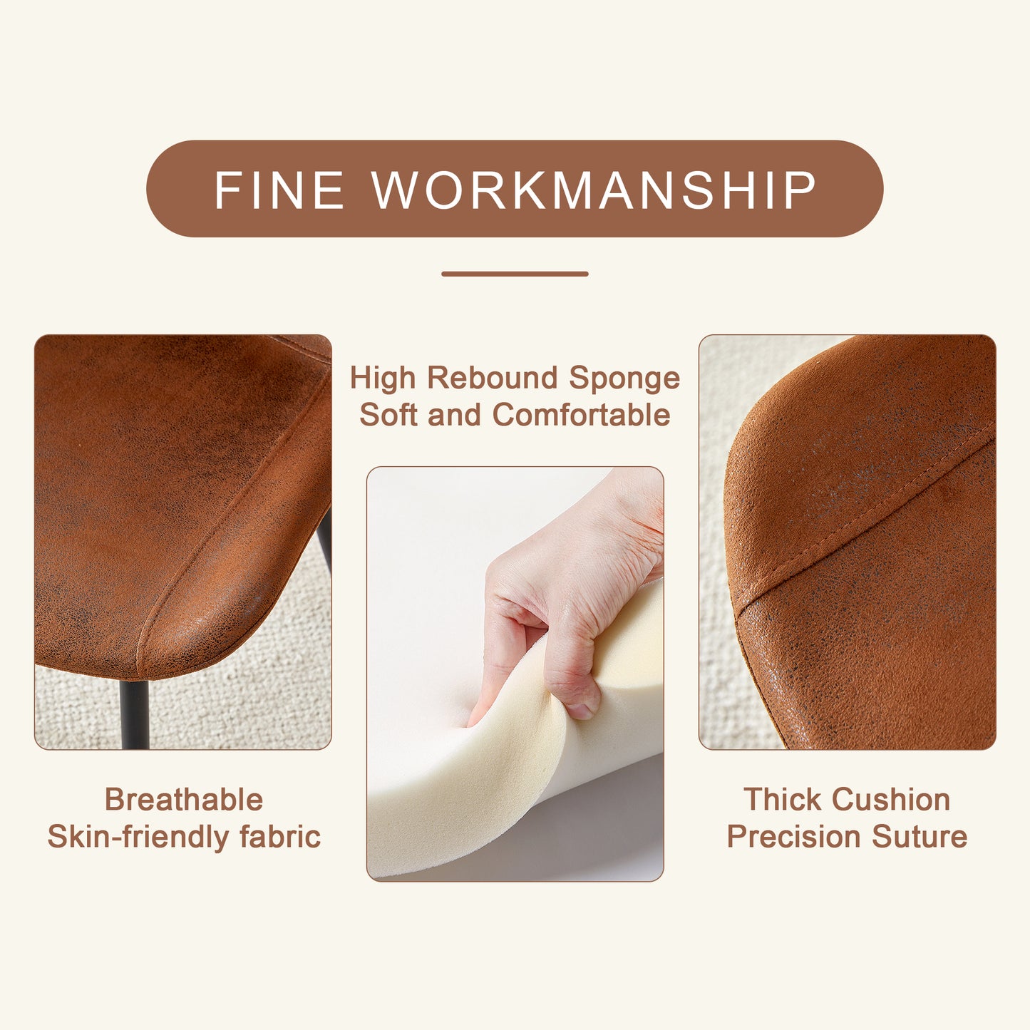 Brown distressed faux leather chair seat with visible stitching