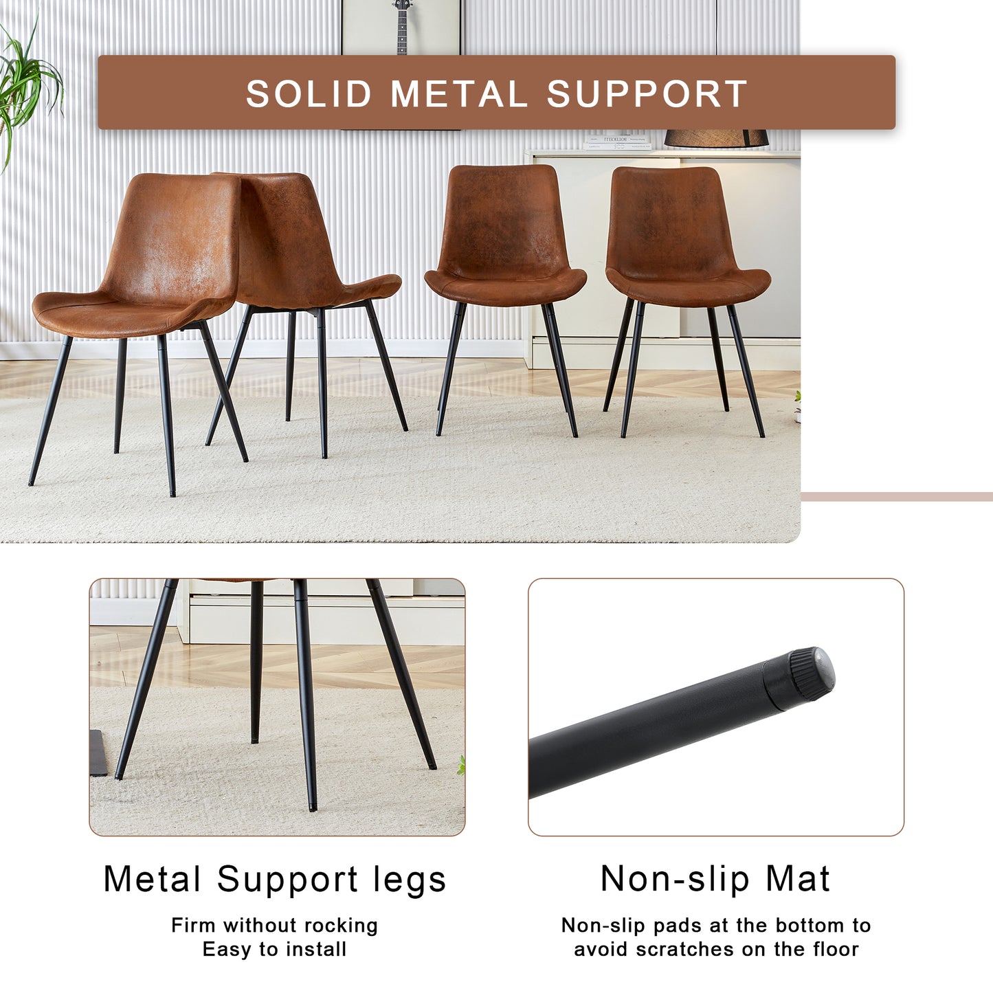 Set of  brown faux leather dining chairs with black metal legs