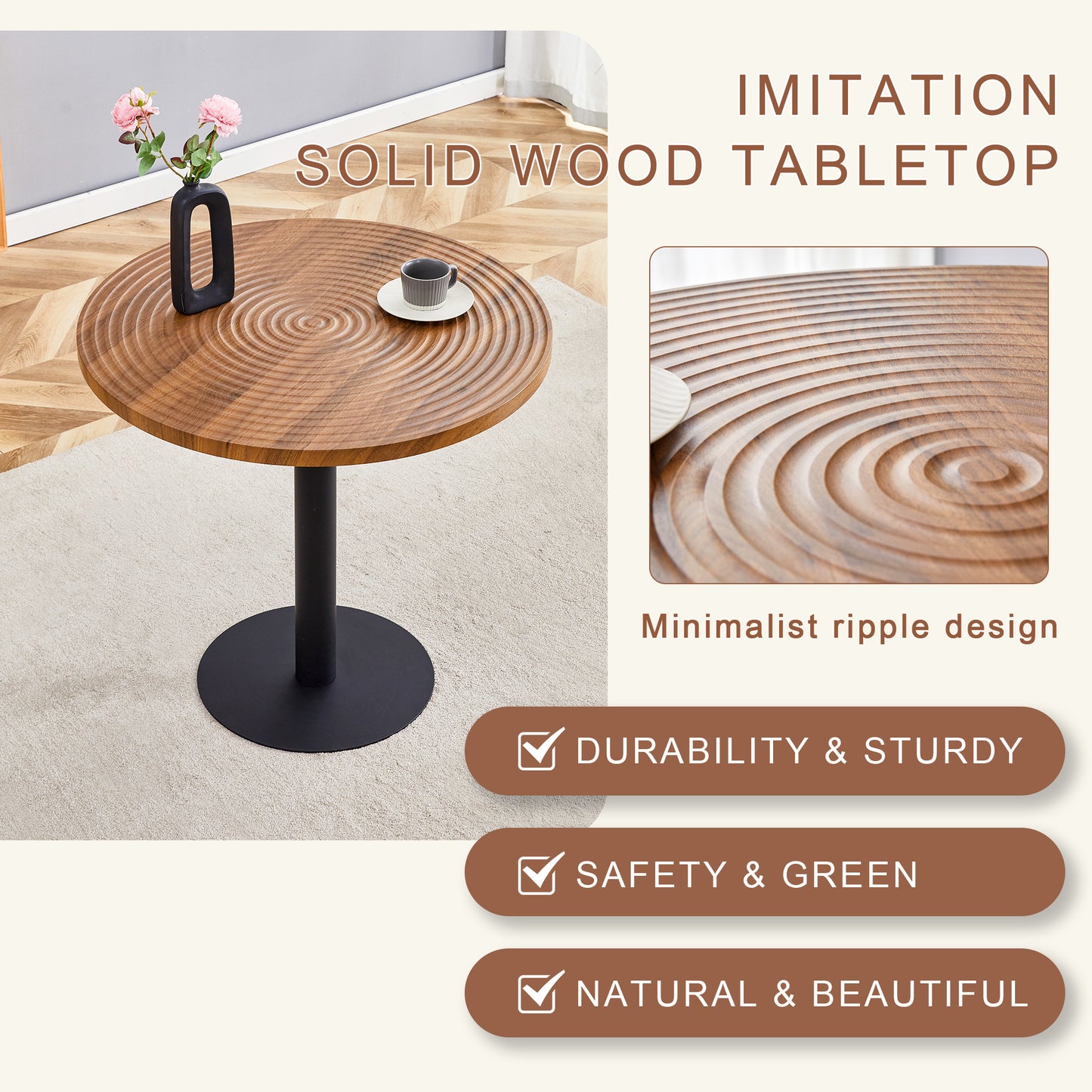 Round wooden coffee table with ripple texture top and black pedestal base