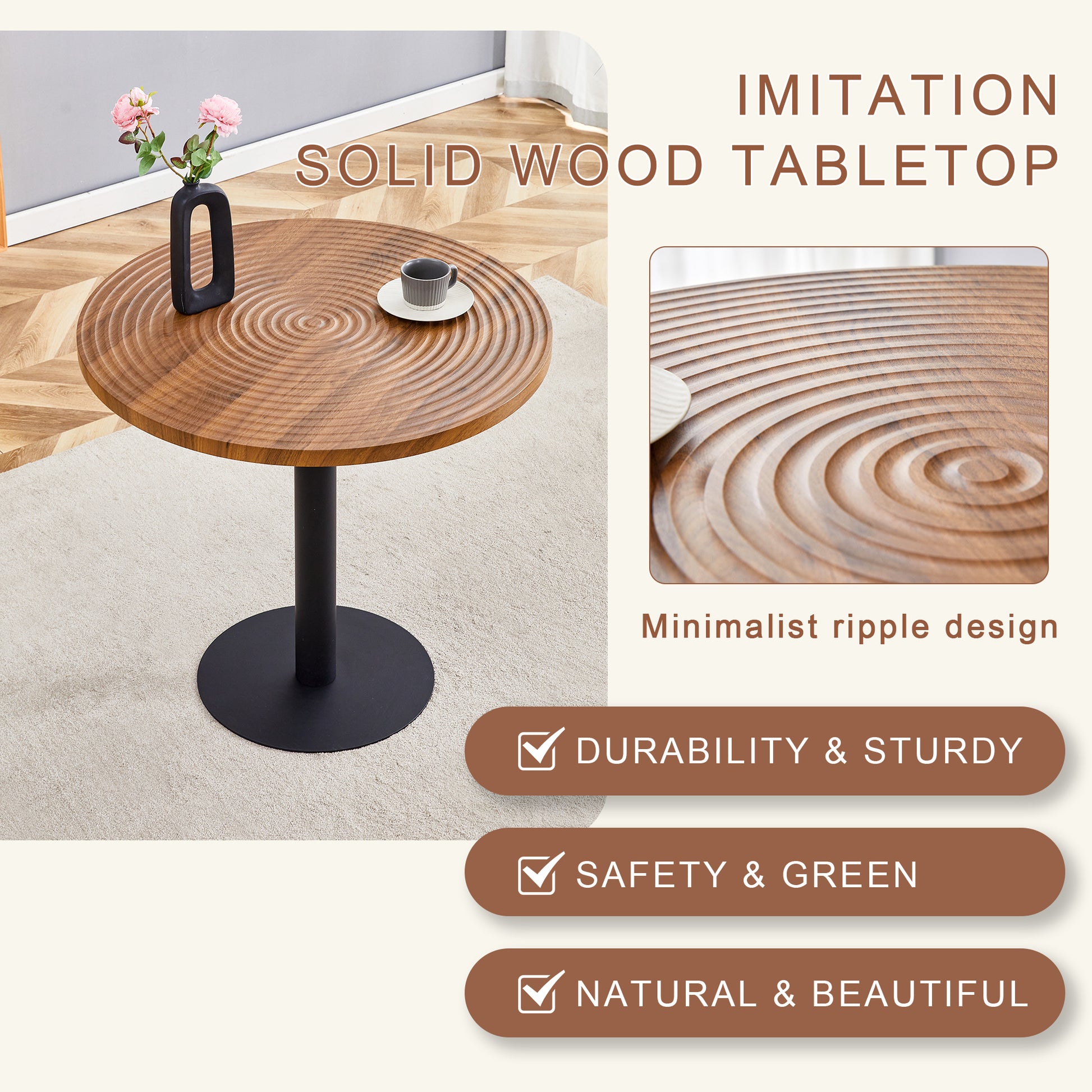 Round wooden coffee table with ripple texture top and black pedestal base